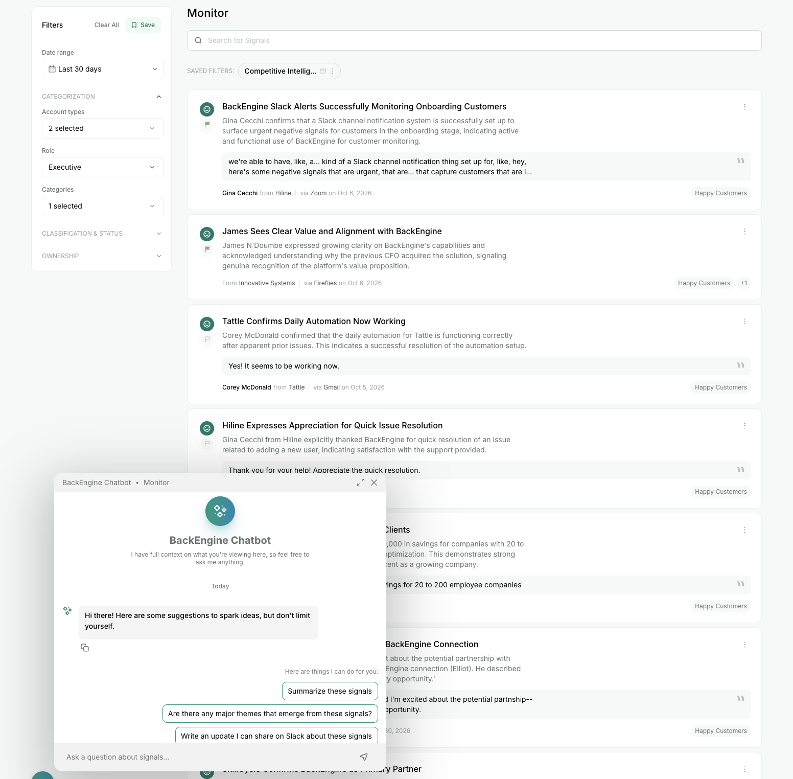 BackEngine Monitor on the web showing customer signals alongside a chatbot