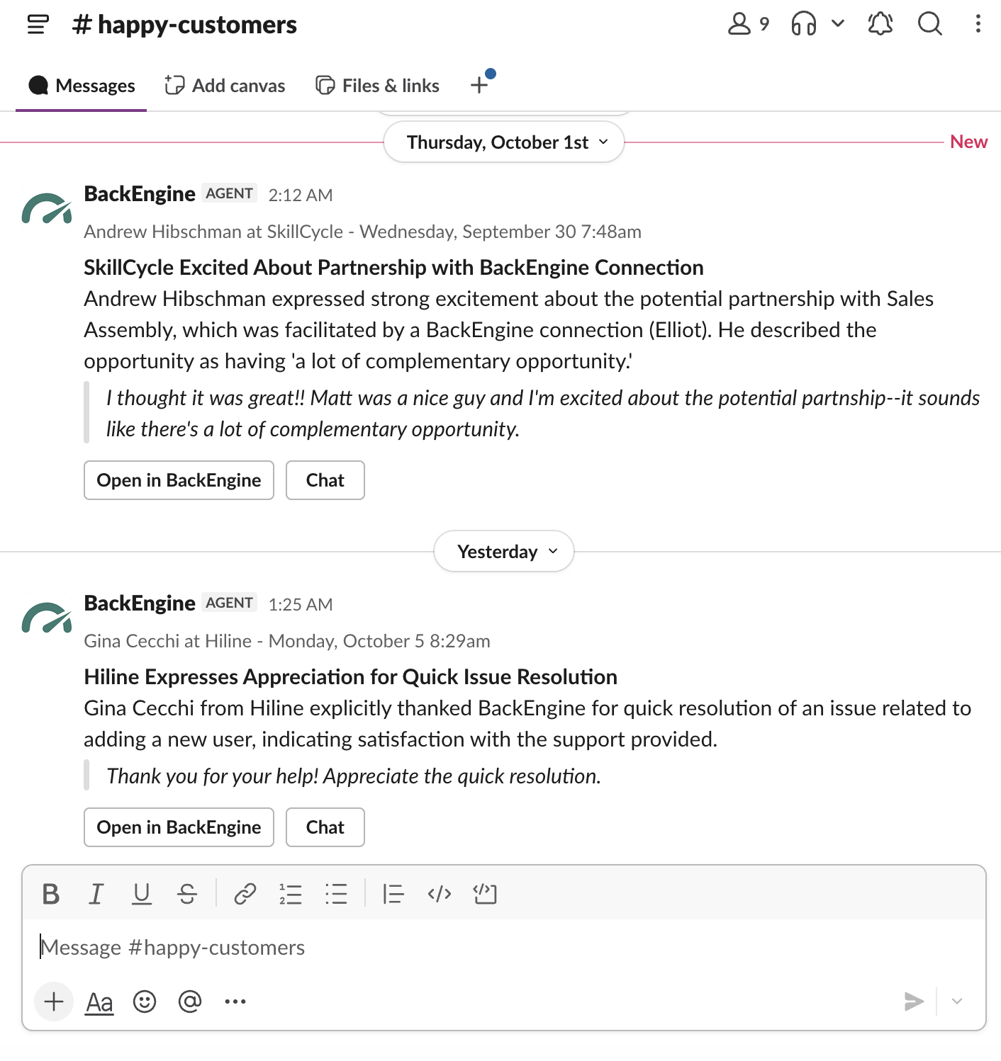 BackEngine customer-signal alerts inside a Slack channel